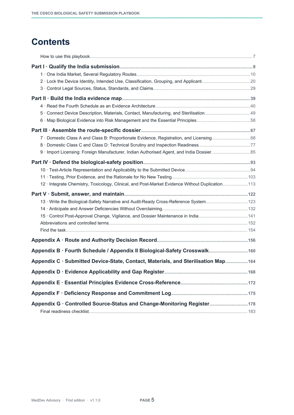 Contents page for the CDSCO Medical Device Biological Safety Submission Playbook
