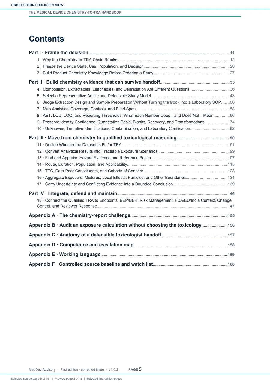 Contents page for Chemical Characterization to Toxicological Risk Assessment