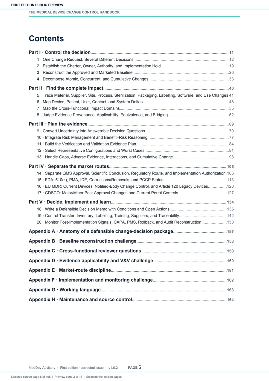 Contents page for Medical Device Change Control and Evidence Decisions