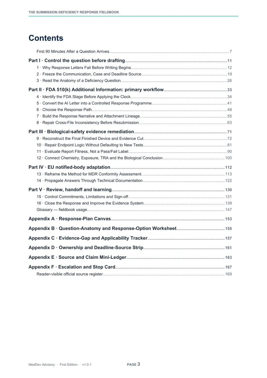 Contents page for The Medical Device Submission Deficiency Response Fieldbook