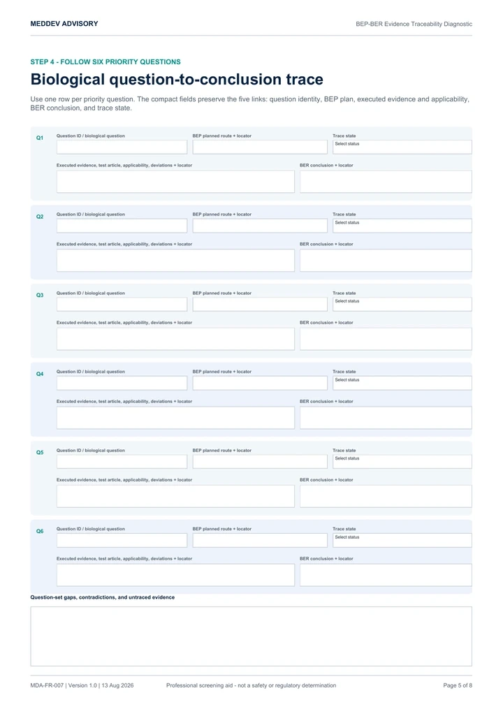 Actual BEP and BER evidence traceability diagnostic page showing plan-to-report linkage controls and source locators