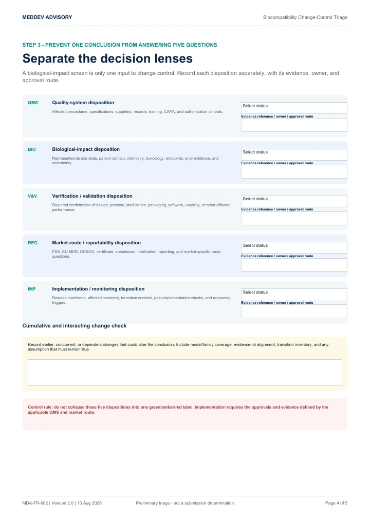 Actual decision-separation page from the change-control triage PDF showing five distinct cross-functional dispositions and a cumulative-change check