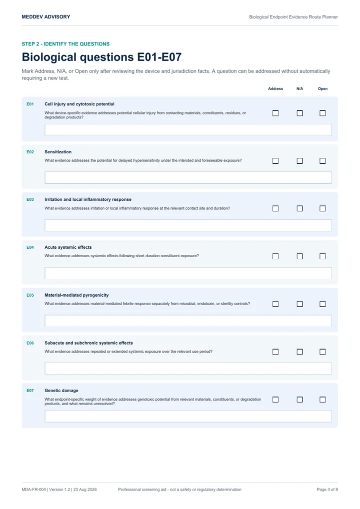 Actual biological endpoint planner page showing seven original biological questions, address, not-applicable, and open choices, plus evidence-reference fields