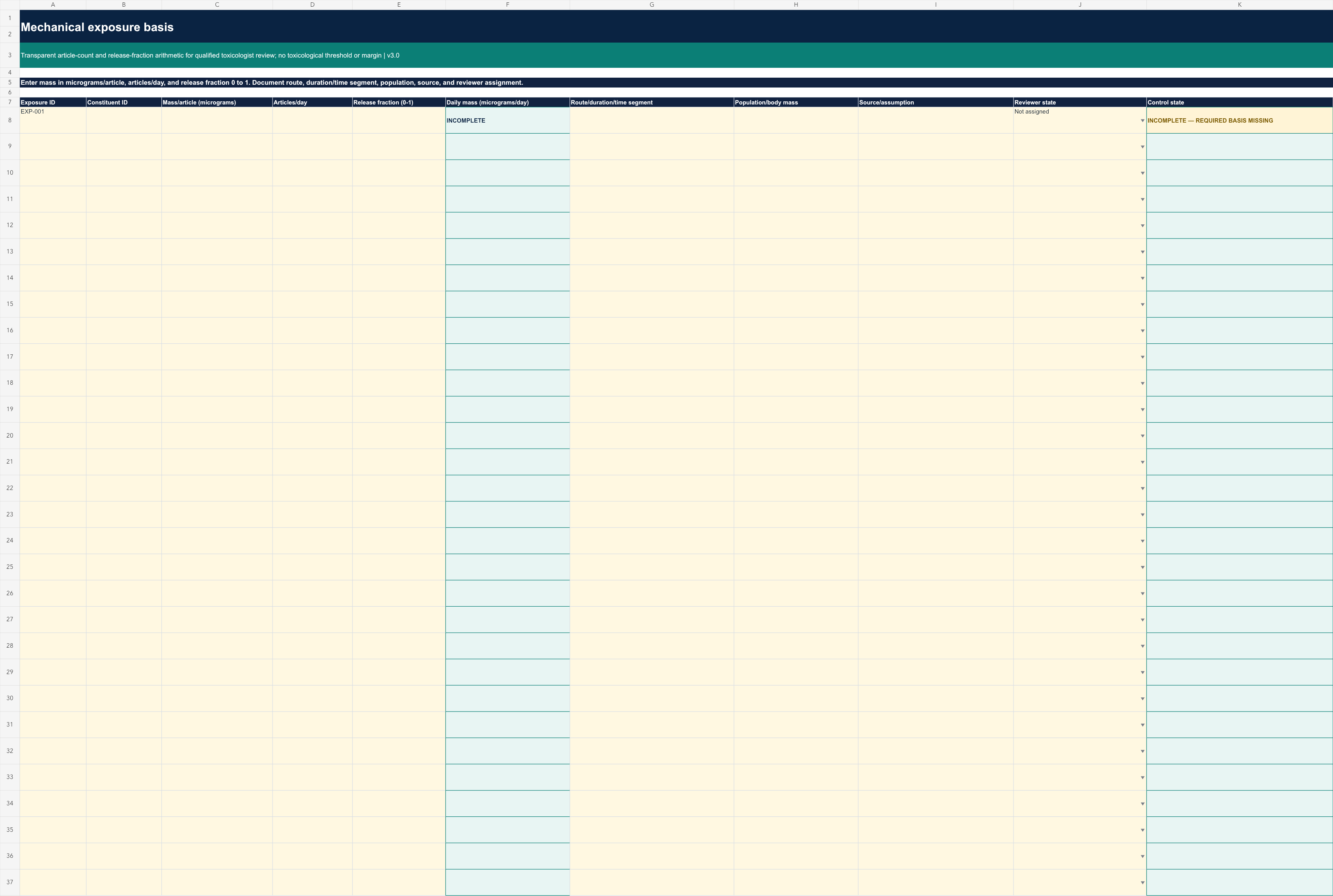 Exposure-basis sheet showing required inputs, transparent mechanical arithmetic, and fail-closed controls before qualified review