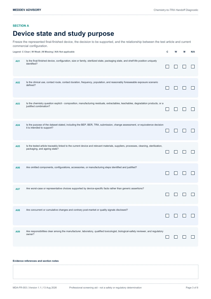 Actual chemistry-to-TRA diagnostic page showing device-state and study-purpose review prompts with clear, weak, missing, and not-applicable choices