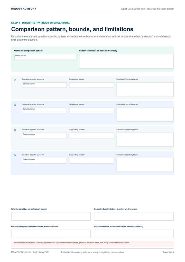 Actual worst-case device and test-article starter page showing four controlled candidate profiles without a universal ranking